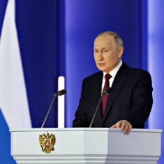 Venäjän presidentti Vladimir Putin pitämässä vuosittaista puhettaan 21. helmikuuta 2023.