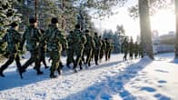 A large group of soldiers in camouflage uniforms marching in formation in the snow, with trees and a sunny sky in the background.