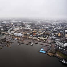 Aerial photo of downtown Helsinki, viewed from above Helsinki Harbour.