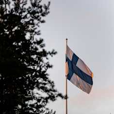 A Finnish flag flying beside trees.