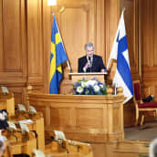 Presidentti Sauli Niinistö puhui Ruotsin valtiopäivillä Tukholmassa.Video: Sveriges riksdag.