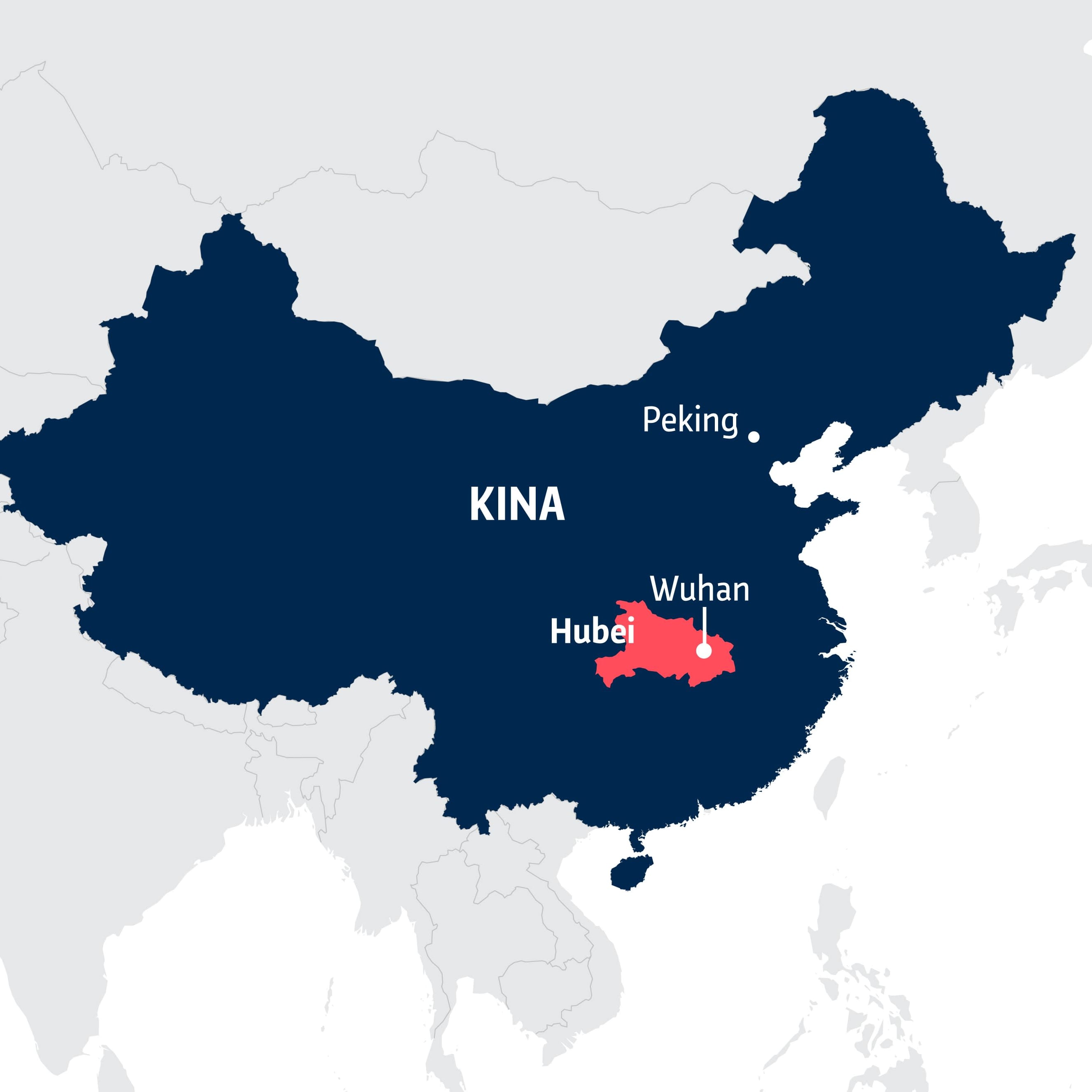 Karta över Kina med Hubeiprovinsen och Wuhan utprickade.
