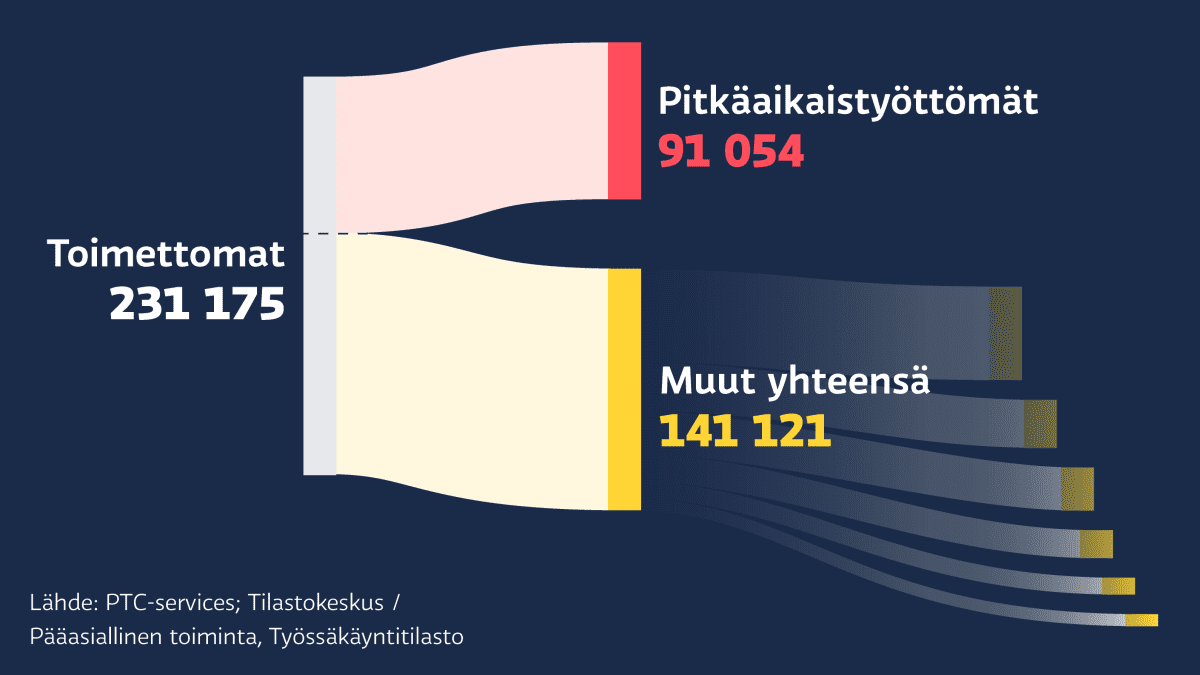 Grafiikka näyttää, kuinka muita työelämän ulkopuolella olevia on enemmän, noin 141 000 henkilöä, kuin pitkäaikaisyöttömiä, joita on noin 91 000 henkilöä.