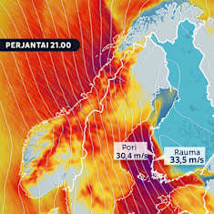 Map of Nordic region showing strong winds marked in purple along Finland's west coast, with specific speeds for Pori and Rauma marked.
