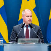 Morgan Johansson takanaan Ruotsin lippuja.