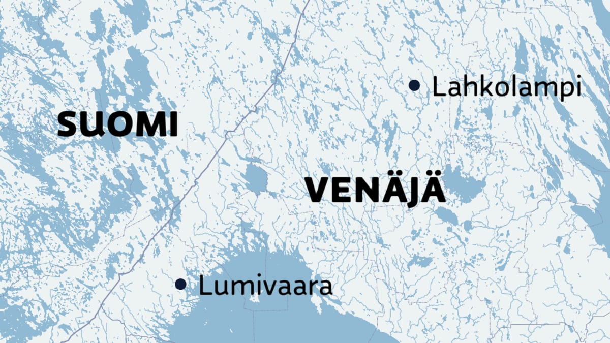 Karttagrafiikka, jossa näkyy Suomen ja Venäjän raja, Viipuri, Sakkola, Laatokka, Lumivaara ja Lahkolampi.