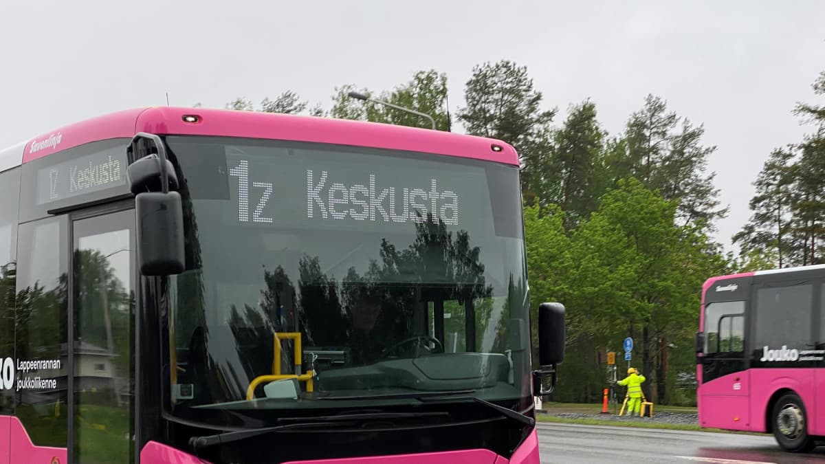 Pinkki linja-auto, jonka linjakyltissä lukee 1Z Keskusta. 