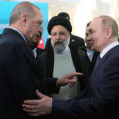 Turkin presidentti Recep Tayyip Erdogan puhuu Venäjän presidentin Vladimir Putinin kanssa Teheranissa.