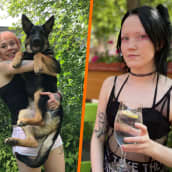 Kaksiosaisen kuvan vasemmalla puolella hymyilevä nainen pitelee koiraa sylissään, oikealla puolella nainen istuu lasi kädessään.