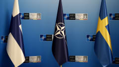 Suomen, Naton ja Ruotsin liput sinistä seinää vasten. Lippujen takana näkyy Naton Bukarestissa pidettävän kokouksen logoja.