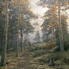 Berndt Lindholmin Ilta metsässä -maalauksessa metsäpolulla kaksi varista, ympärillä hämyisä, mäntyjä kasvava kallio- ja kangasmaasto.