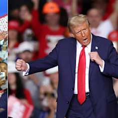 Kamala Harris ja Donald Trumpov kombokuvassa. Molemmat esiintyvät yleisölle.