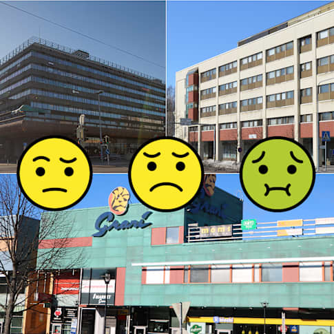 Ett bildcollage av tre bilder av byggnader med emojin som visar negativa känslor i förgrunden. 