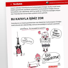 Kuvakaappaus turkkilaiselta Yenişafak-sivustolta, joka uutisoi Iltalehdessä julkaistua pilapiirrosta.