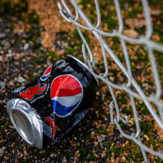 Pepsi-tölkki on maassa rutistettuna.