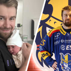 Kuvakombo, vasemmalla Pekka Jormakka vauvansa kanssa, oikealla Jukurien pelipaita päällä.
