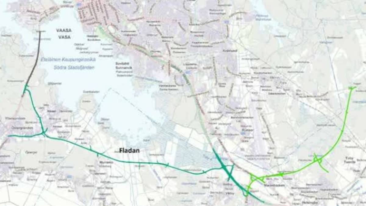 Kartta, jossa näytetään Fladan reitti uudeksi Satamatieksi Vaasaan