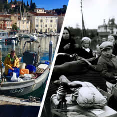Kaksi kuvaa vierekkäin. Toisessa kuva Slovenian Piran satamasta ja toisessa Karjalalaisia evakkolaisia toisen maailmansodan aikaan. 