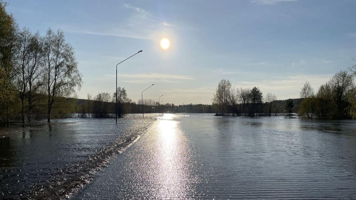 Kuvassa näkyy pahasti tulviva Suomen ja Ruotsin raja auringonpaisteessa.