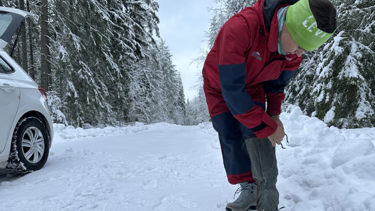 Greenpeacen aktivisti kiinnittää lumisuojia nilkkoihinsa ennen metsään menoa.