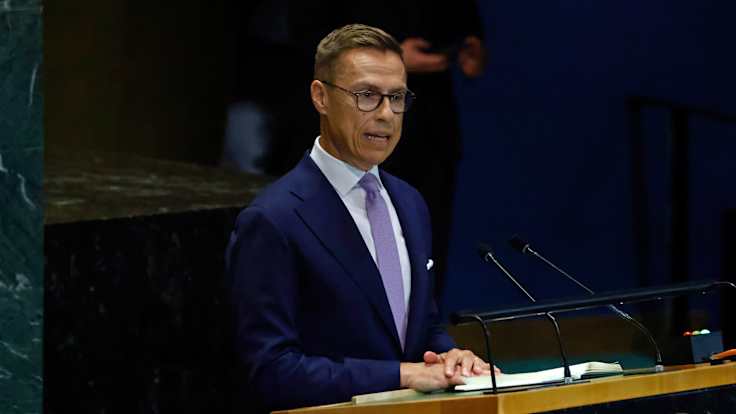 Kuvassa presidentti Alexander Stubb on puhumassa YK:ssa. 