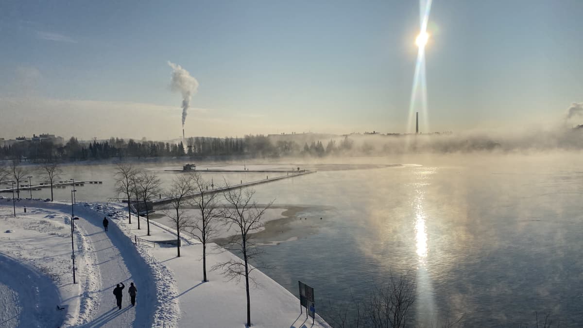 Talvisäässä höyryävä Pyhäjärvi ja rantamaisemaa.