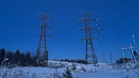Electricity power lines on tall towers along a snowy hill, with trees and blue sky in the background.
