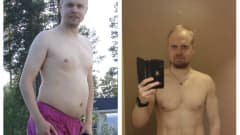 Liikuntalääketieteen erikoislääkäri Joni Keisala huomasi olevansa huonossa fyysissä kunnossa. Hän pudotti 20 kiloa alle puolessa vuodessa. Kuvassa vasemmalla kesämies Keisala. Oikealla sportti-Jori. Tulokset kertovat enemmän kuin 3000 merkkiä.