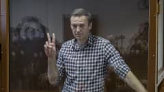 Venäläinen oppositiopoliitikko Aleksei Navalnyi näytti rauhanmerkkiä oikeussalissa Moskovassa helmikuussa 2021.