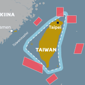 Kartalla esitettynä Taiwanin meriraja ja aluevedet sekä Kiinan sotaharjoituksien alueiden sijainnit. 