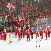 Sveitsin miesten jääkiekkomaajoukkue kiittää kannattajiaan Ranska-ottelun jälkeen.