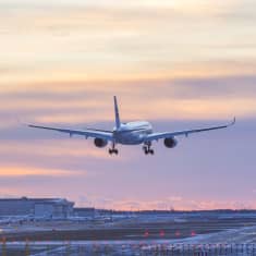 Ett Finnairflyg är på väg att landa vid Helsingfors-Vanda flygplats i solnedgången.