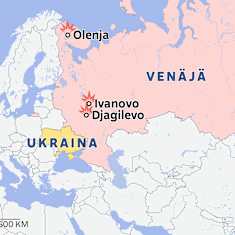 Kartta, jossa merkittynä Ukrainan Venäjälle tekemät drooni-iskut.