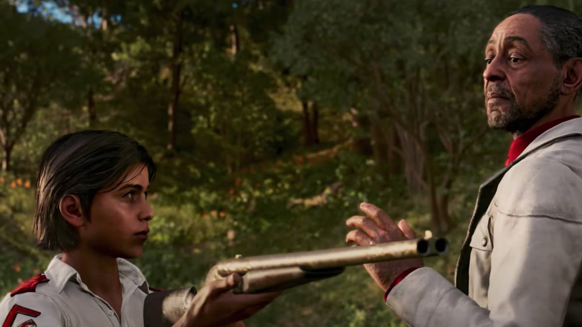 Kuvakaappaus Far Cry 6 -videopelin trailerista. Kuvassa lapsi pitää kädessään asetta. Isä katsoo vierestä.