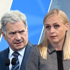 A photo collage showing Sauli Niinistö and Elina Valtonen looking concerned against background pictures of bombed-out cities.