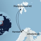 Kuvassa kartta, jossa Huippuvuorilta mantereelle tuleva merenalainen tietoliikennekaapelipari havainnollisesti. 