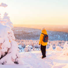 En person i vinterkläder med ryggsäck står i ett snötäckt landskap.