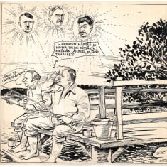 Kaksi miestä istuu laiturilla ja taivaalla paistaa kolme aurinko ajoissa kaikissa miehen kasvot.