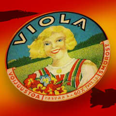 Viola-juustopakkauksen etiketti etualalla, takana kaksi neuvostoliittolaista MIG-hävittäjää varjokuvina.