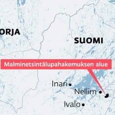 Kartassa näkyy Inarissa sijaitseva malminetsintälupa-anomuksen alue.