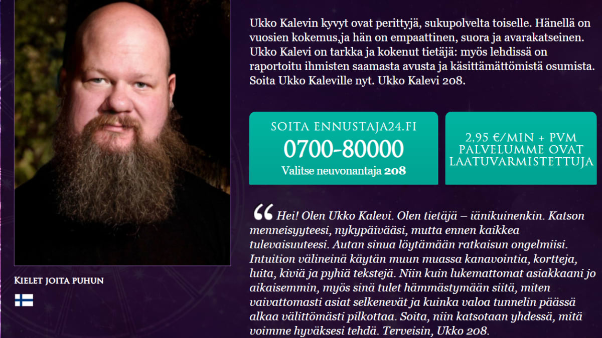 Ukko Kalevi nimisen ennustajan ilmoitus ennustaja24.fi sivustolla.
