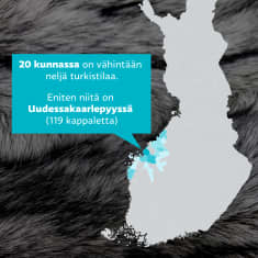 Kartta näyttää, kuinka vahvasti turkistarhaus on Suomessa keskittynyt Pohjanmaalle varsin pienelle alueelle. Eniten tarhoja on Uudessakaarlepyyssä, 119 kappaletta.