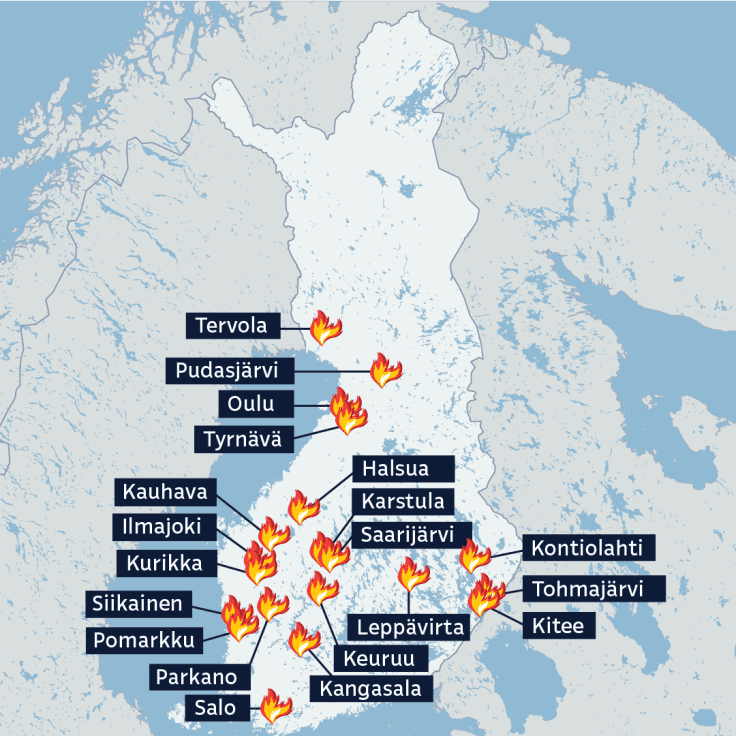 Suomen kartta, johon merkitty paloalueita.