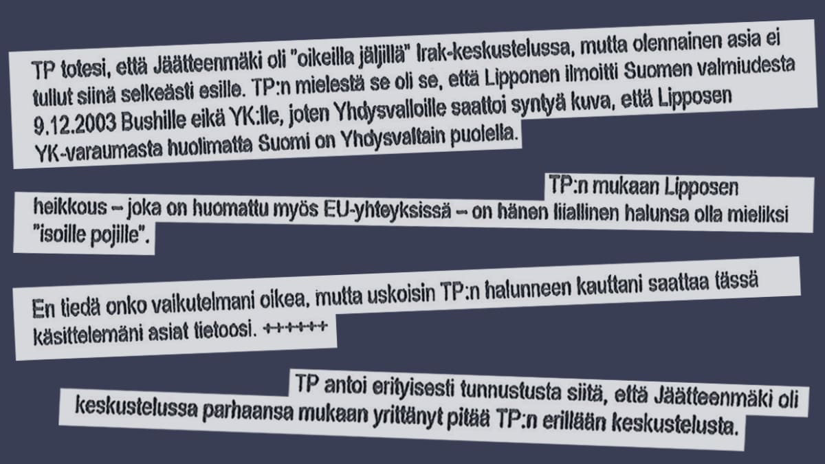 Leikkeitä faksista Manniselta Jäätteenmäelle.
