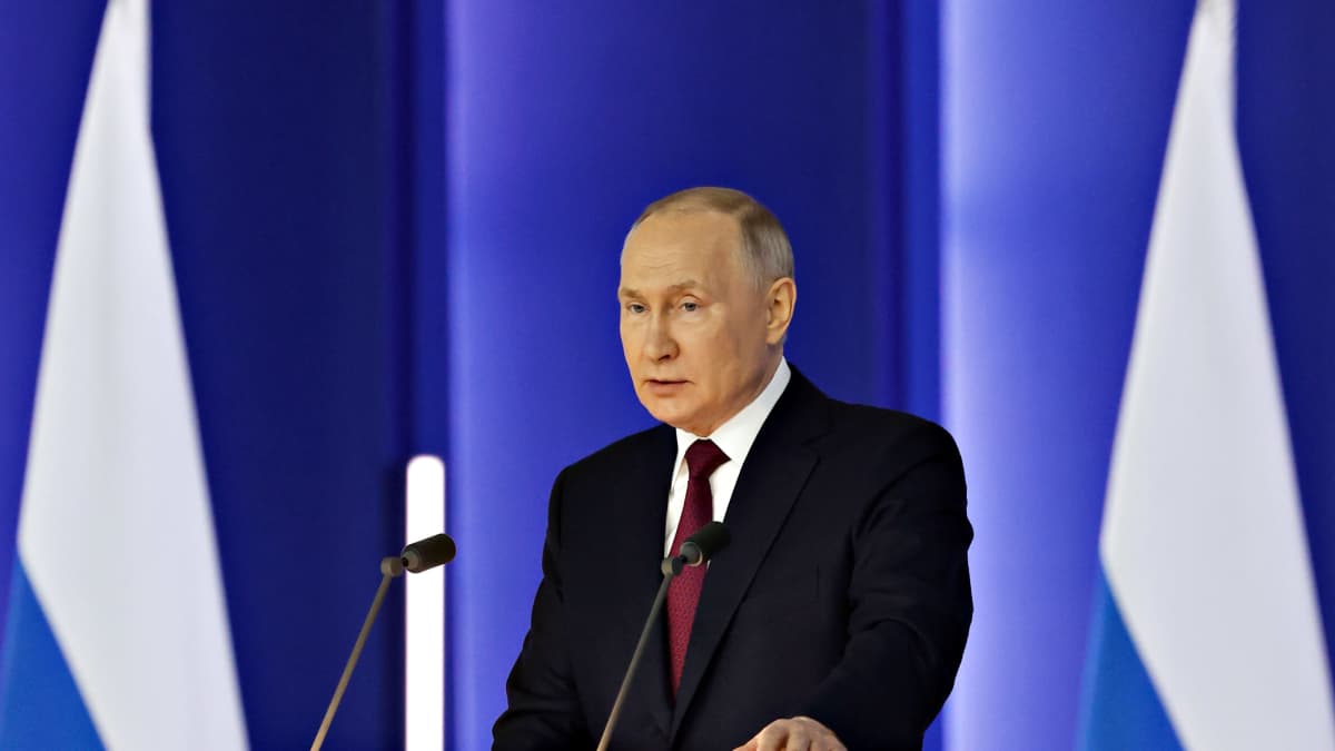 Venäjän presidentti Vladimir Putin pitämässä vuosittaista puhettaan 21. helmikuuta 2023.