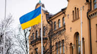 Kuvassa on Ukrainan lippu nostettuna lipputankoon rakennuksen edustalla.