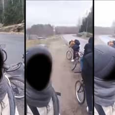 Kolmen pystykuvan kollaasi. Kaikki kuvat on samasta tilanteessa jossa henkilö kuvaa selfievideota itsestään ja joukosta tummapukuisista pyöräilijöistä.