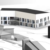 Mustavalkoinen havainnekuva HAMKin kampukselle rakennettavasta uudesta rakennuksesta.
