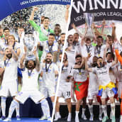 Kuvapari: Real Madridin ja Eintracht Frankfurtin pelaajat juhlimassa europokaalejaan.