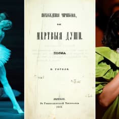 Kuvakollaasi. Kuvassa Joutsenlampi-baletti, Kuolleet sielut kirja ja oopperalaulaja Anna Netrebko.